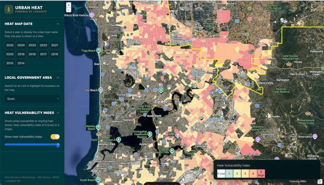 Urban Heat Map showing the Heat Vulnerability Index across Perth and Peel suburbs